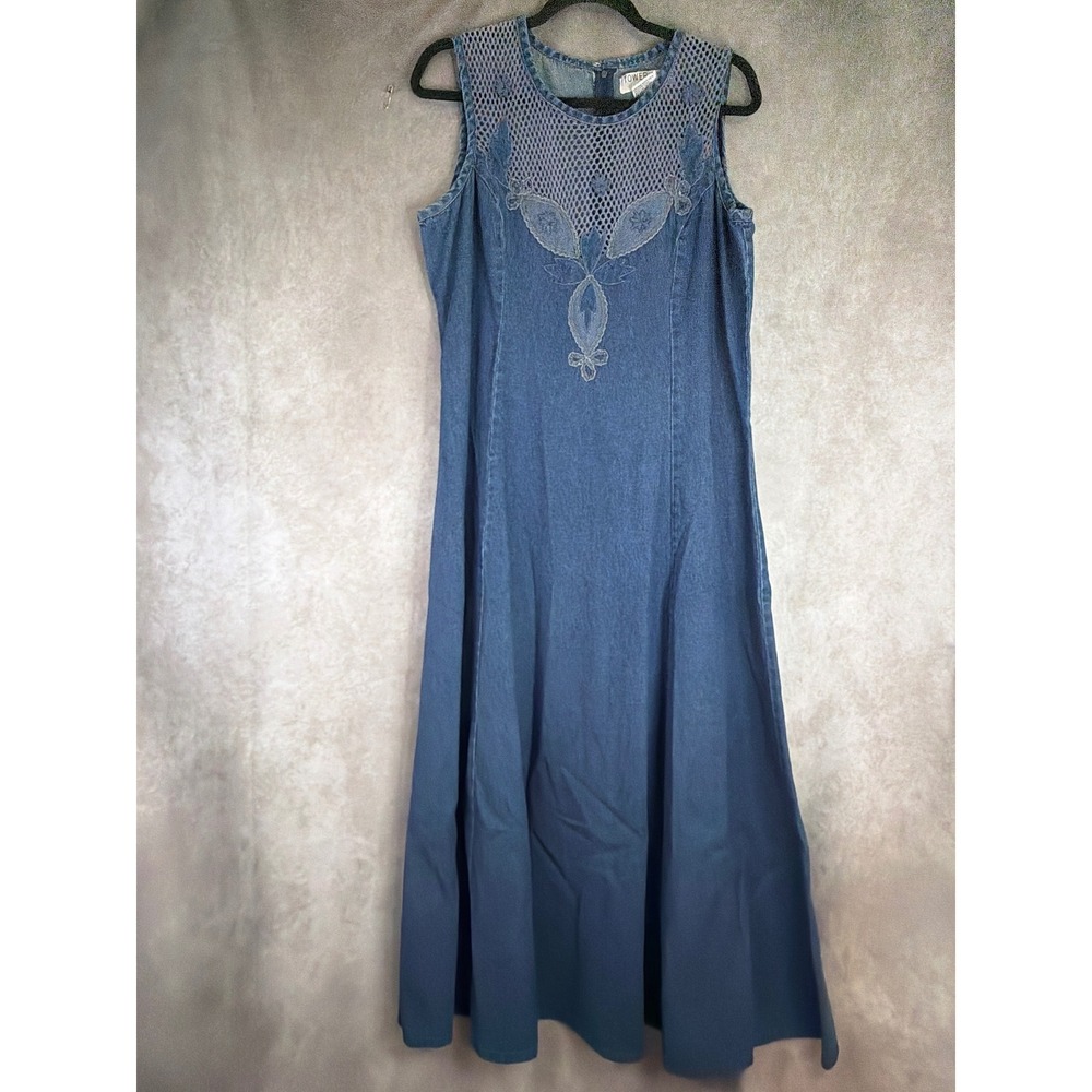 VTG Tower Hill Collection Denim Maxi Dress 16 Blue Mesh Lace Embroidered Floral